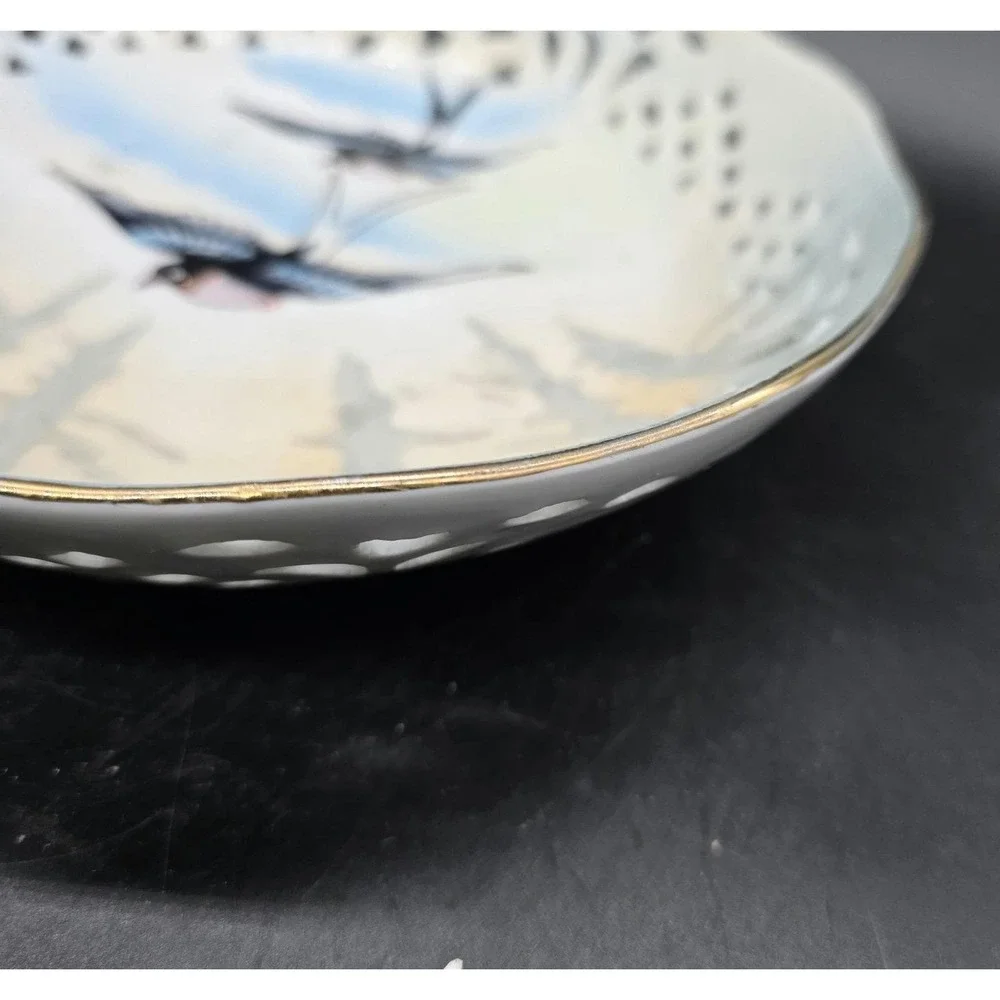Vintage Hand Painted Pierced Porcelain Bowl Candy Dish Bird Swallow 7.75